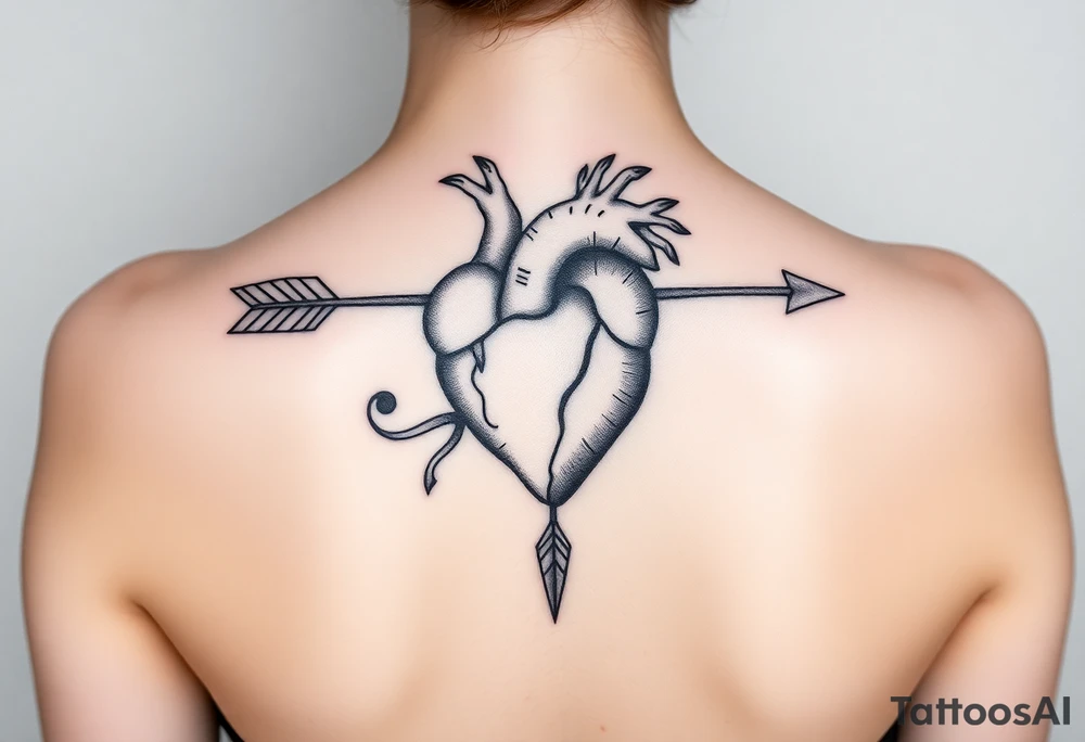 anatomical heart pierced by ornate arrow with flowing ribbons tattoo idea