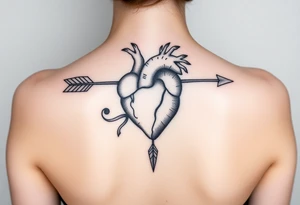 anatomical heart pierced by ornate arrow with flowing ribbons tattoo idea
