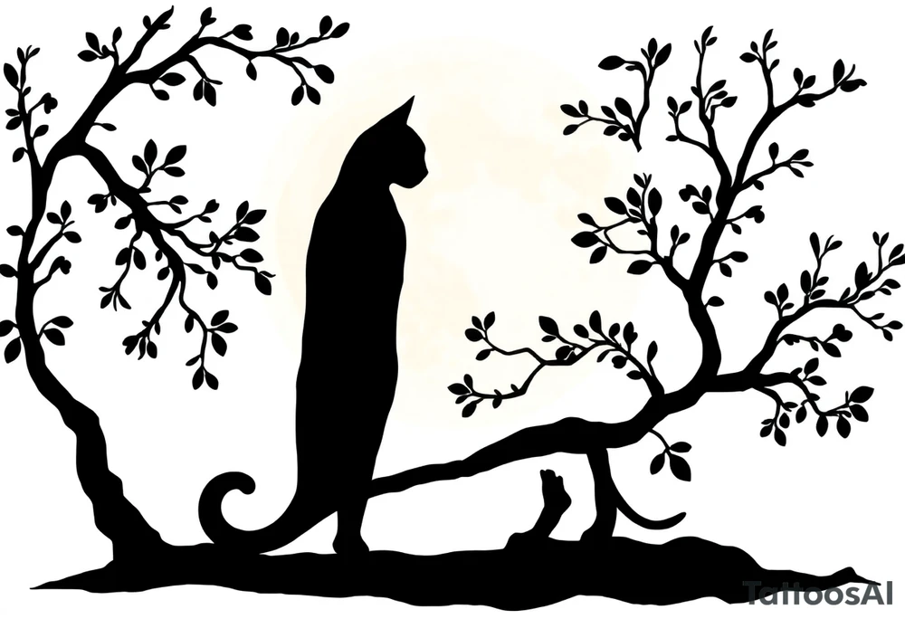 a cats sillhouette siting on a tree in the moon light tattoo idea