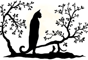 a cats sillhouette siting on a tree in the moon light tattoo idea