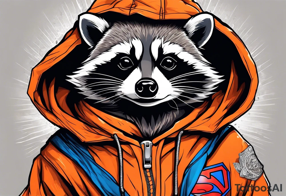 Raccoon wearing an orange Superman hoodie tattoo idea