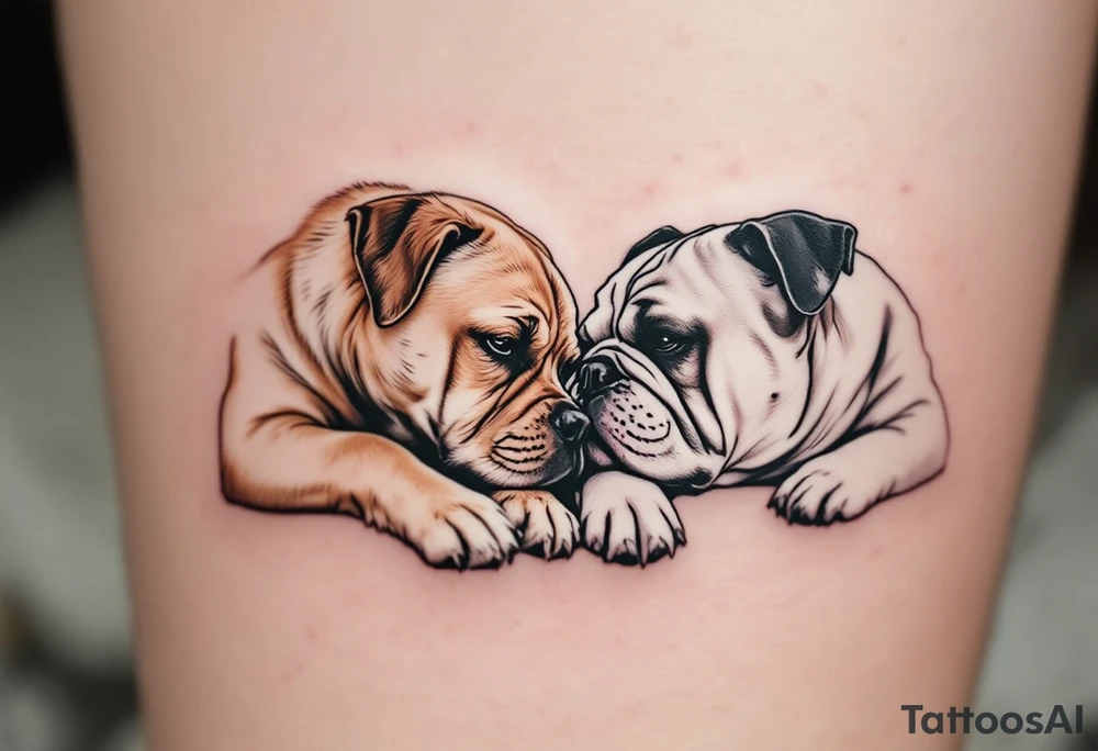 a golden retriever dog and an English bulldog, lying on their sides, head to head, foreheads touching, the golden retriever's head is larger than bulldog's tattoo idea