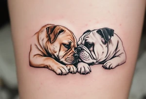 a golden retriever dog and an English bulldog, lying on their sides, head to head, foreheads touching, the golden retriever's head is larger than bulldog's tattoo idea