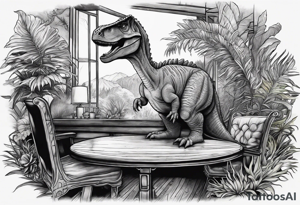 Realistic dinosaurs, reading and sitting on chairs, at small rustic tables, with lots of fronds tattoo idea