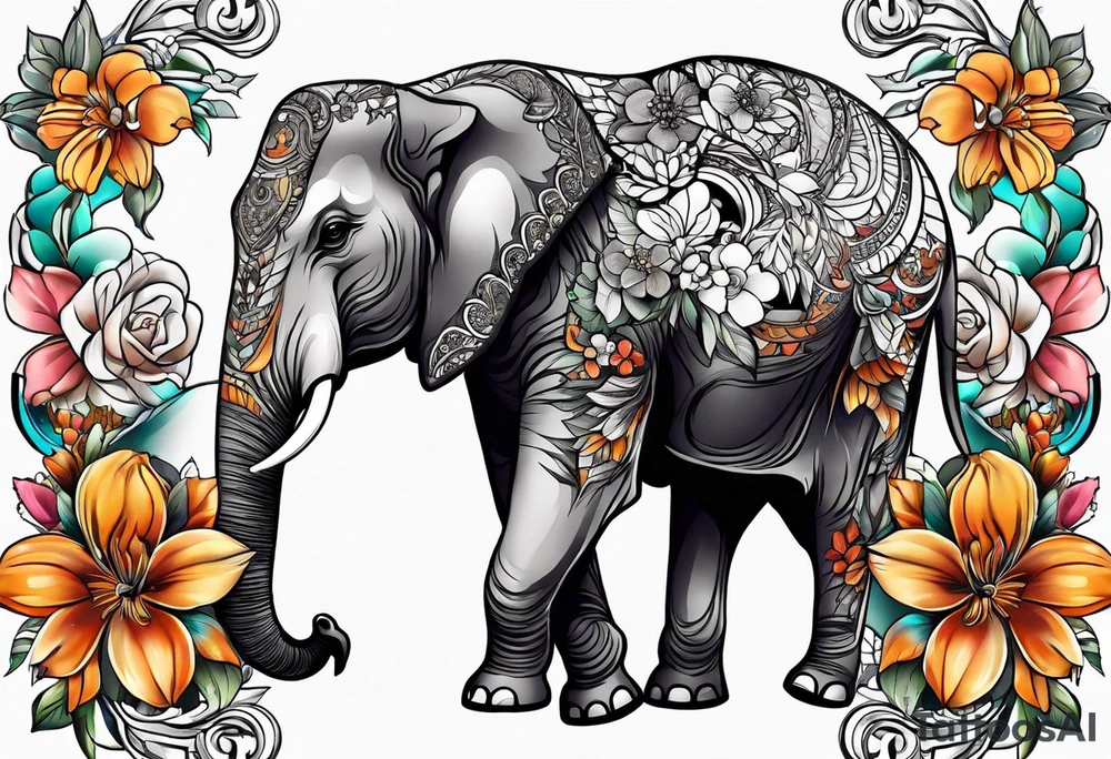 elephant with flowers tattoo idea