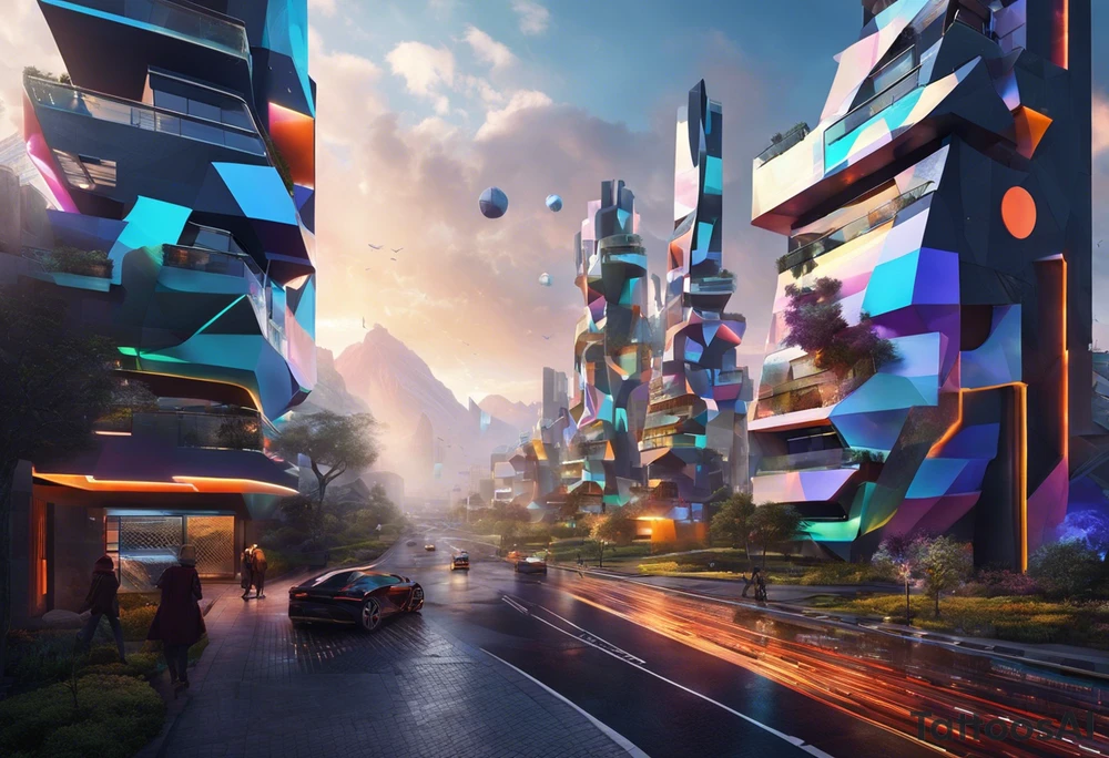 Crea ideograma que incorpore los siguientes elementos: líneas intrincadas y patrones geométricos abstractos, junto con un diseño futurista de ciudad, un paisaje post-apocalíptico, y las manos inspiradas en la "Creación de Adán". tattoo idea