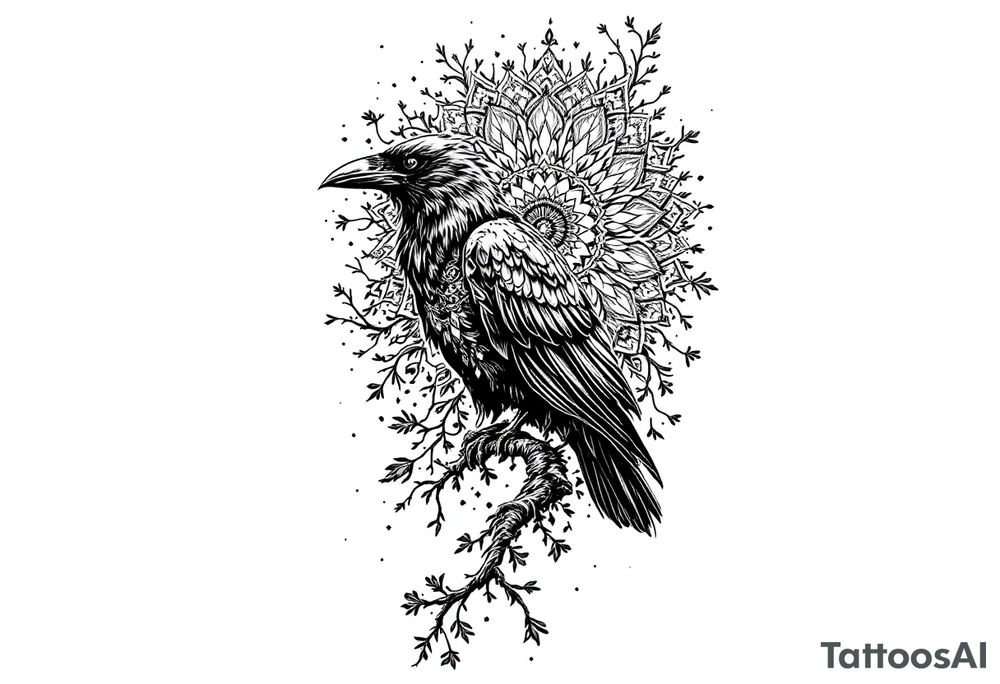 left arm tattoo of a raven on a branch surrounded by mandala tattoo idea