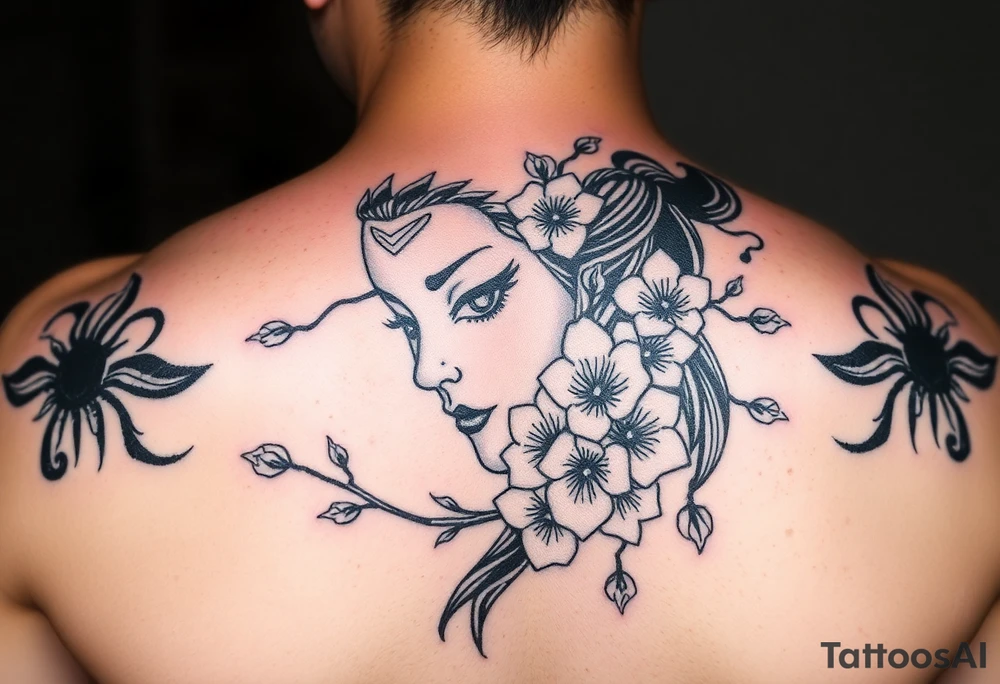 Samurai women face
 with a with cherry blossom with wind tattoo idea