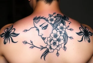Samurai women face
 with a with cherry blossom with wind tattoo idea