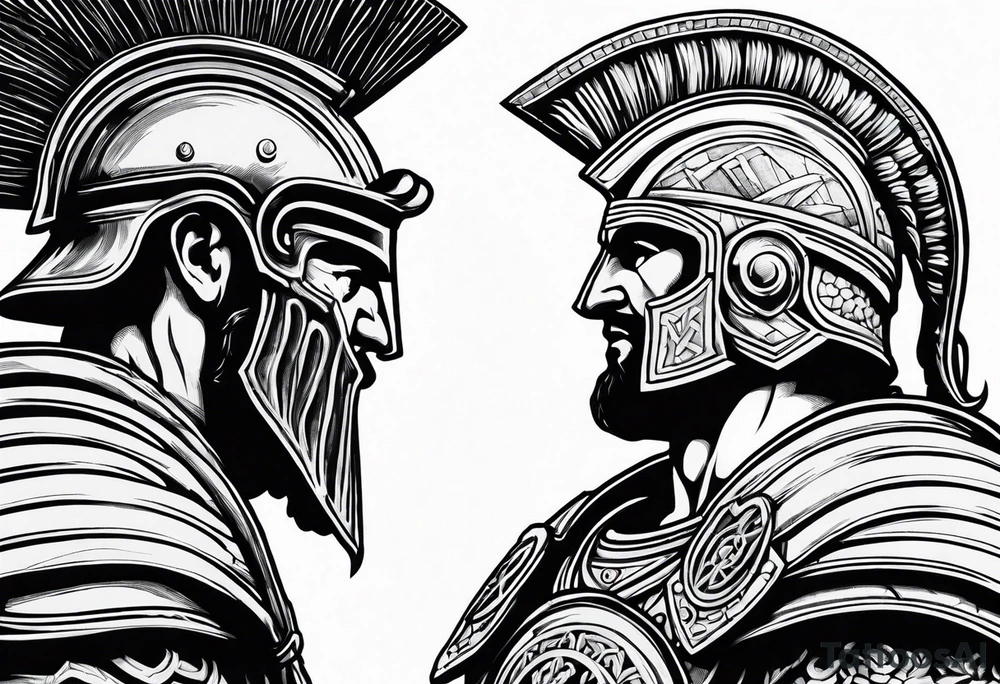 Side profile of spartan soilder looking at Roman colosseum tattoo idea