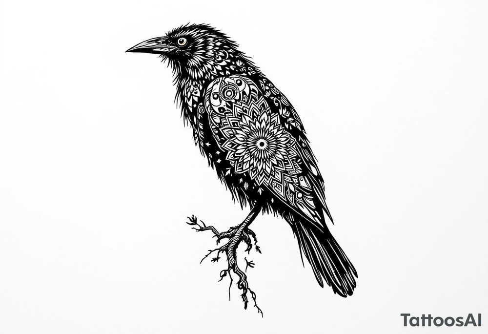 Black Raven on a branch looking over its shoulder with mandala tattoo idea