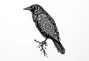 Black Raven on a branch looking over its shoulder with mandala tattoo idea