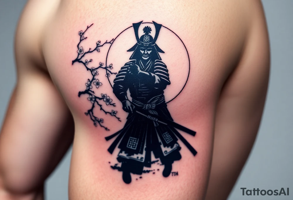 noble samurai warrior silhouette at sunset with cherry blossoms tattoo idea