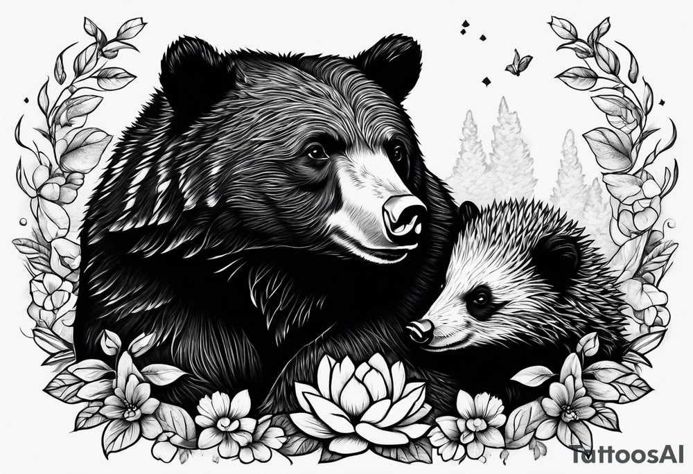 black bear hugs  hedgehog tattoo idea
