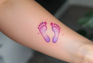 Pink and soft purple footprints of little Eli, with delicate stars around the prints to represent her innocence and joy. tattoo idea