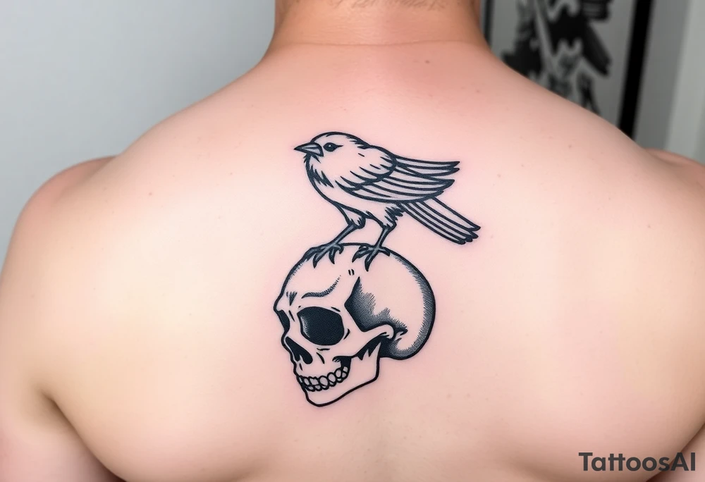 Crow standing on skull tattoo idea