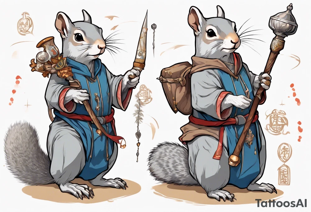 a grey squirrel dressed in a medieval tunic holding a silver wizard's staff tattoo idea