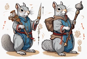 a grey squirrel dressed in a medieval tunic holding a silver wizard's staff tattoo idea