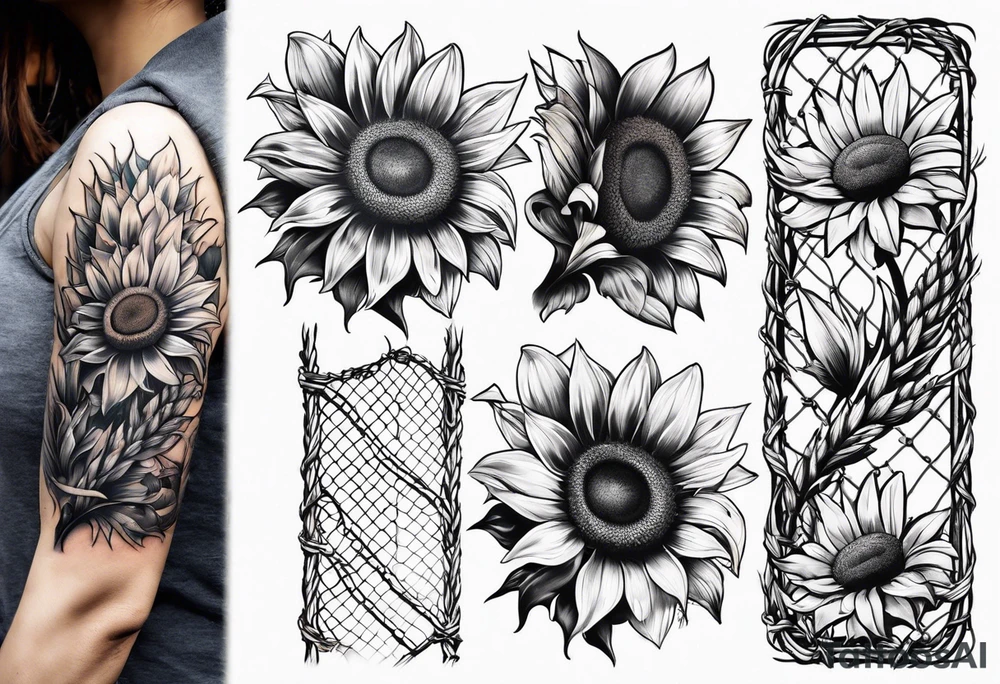 Sunflower, wheat, and barbed wire half sleeve tattoo idea