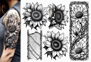 Sunflower, wheat, and barbed wire half sleeve tattoo idea