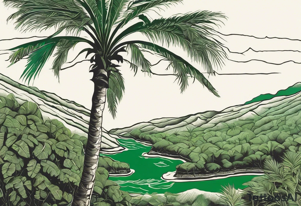 Tattoo: A striking Gachala emerald sits at the base of a tall quindio wax palm, which grows resiliently from cracks in rugged, rocky soil. The emerald is the main focal point, symbolizing strength and endurance, while the wax palm, rooted in the soil’s crevices, represents growth and resilience. A small water stream flows gently from the rocks, adding an element of life and nourishment. Style: Micro-Realism. tattoo idea