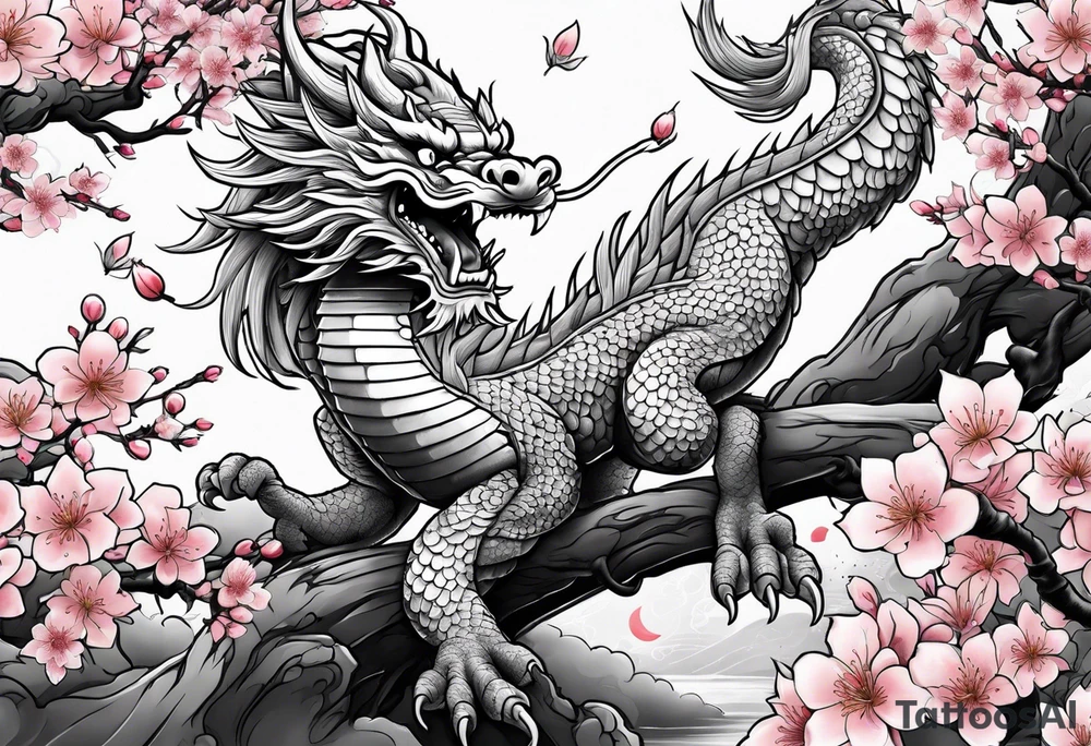 Japanese dragon with cherry blossom trees in the background tattoo idea