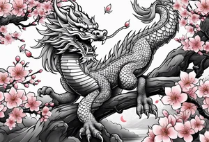 Japanese dragon with cherry blossom trees in the background tattoo idea