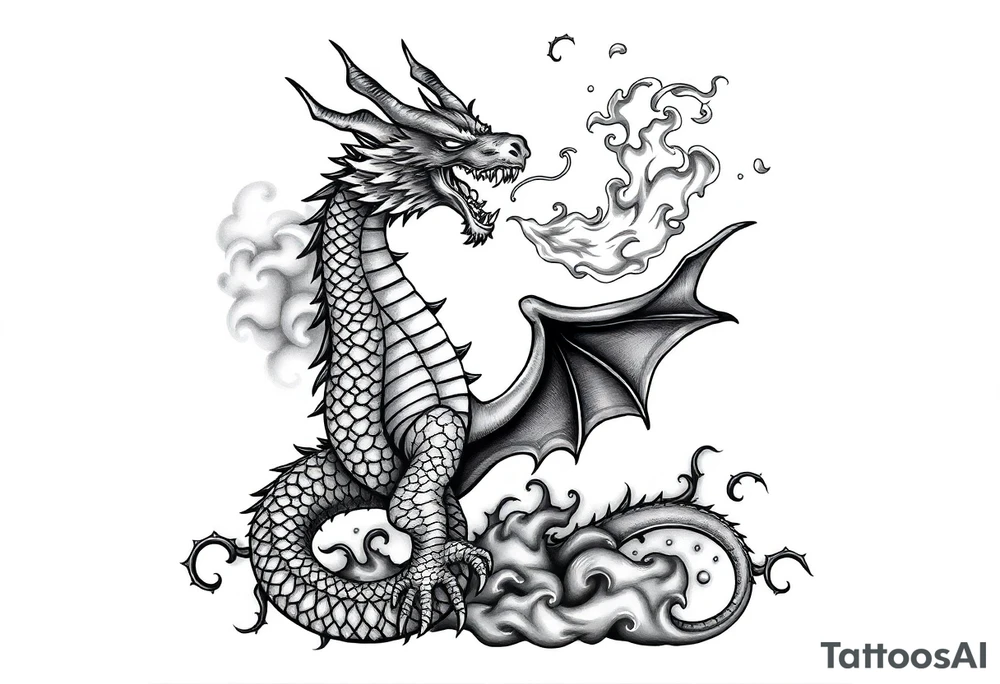 fierce dragon breathing iridescent fire against stormy skies tattoo idea