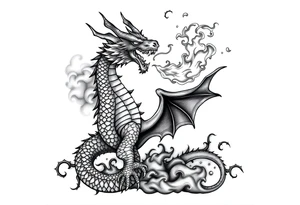 fierce dragon breathing iridescent fire against stormy skies tattoo idea