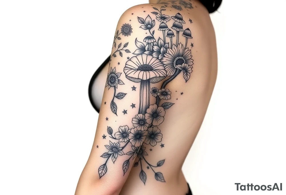 Could you possible make me a nature tattoo with mushrooms crystals  flowers mandala boho but vibrant colorful and psychedelic colorful too that would wrap from front of hip around side to mid back to cover an existing one tattoo idea