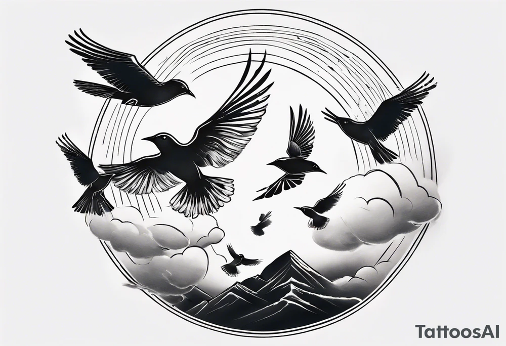 shoulder tattoo with light rays with birds flying free among the clouds, round shape, with gradient ends tattoo idea