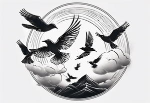 shoulder tattoo with light rays with birds flying free among the clouds, round shape, with gradient ends tattoo idea