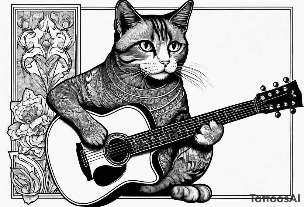 A cat playing acoustic guitar and sitting on a cajon. tattoo idea