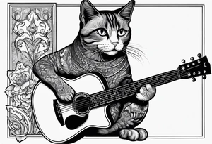 A cat playing acoustic guitar and sitting on a cajon. tattoo idea