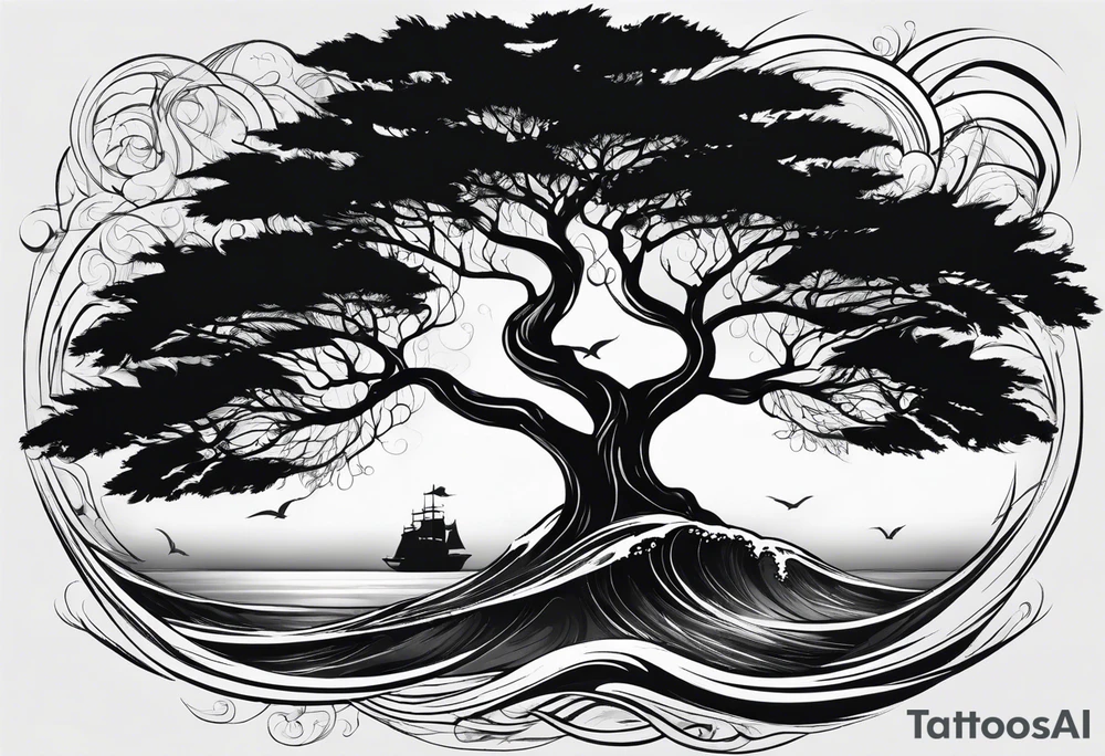 concept design, trees, ocean waves, flames tattoo idea concept design, trees, ocean waves, flames tattoo idea