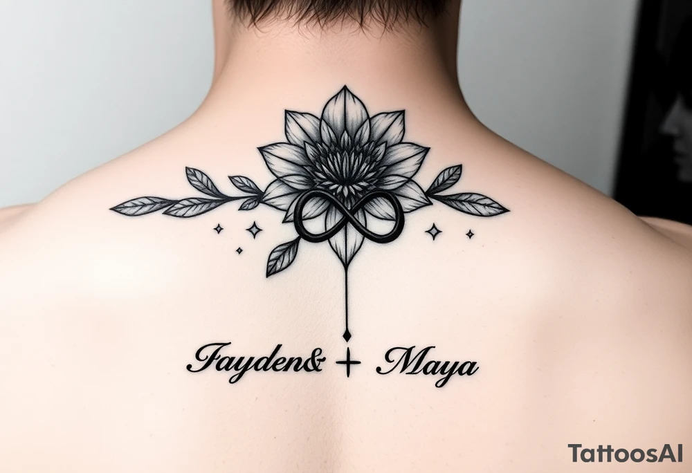 January December july birth Flower with infinity sign and the names Jayden and Maya tattoo idea