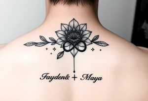 January December july birth Flower with infinity sign and the names Jayden and Maya tattoo idea