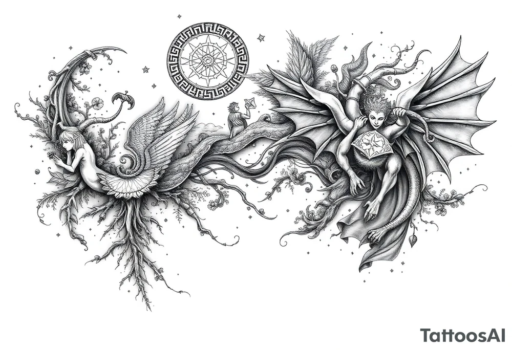 Surreal black and white tattoo concept for the left arm and back. The design should flow like a river or mist, forming a dreamlike mural. Hidden within the flowing patterns are subtle elements from Naruto and One Piece (Itachi, Sharingan, Luffy, Zoro), Norse and Greek mythology (Odin, runes, Athena), nature (roots, water, wind, trees), and angelic forms. Seamlessly woven into the background are the three gargoyle characters from Disney’s Hunchback of Notre Dame. The layout must feel organic, with smooth transitions and soft shading. Leave areas of skin visible to create depth. Avoid clearly outlined characters – they should blend into the composition like illusions tattoo idea