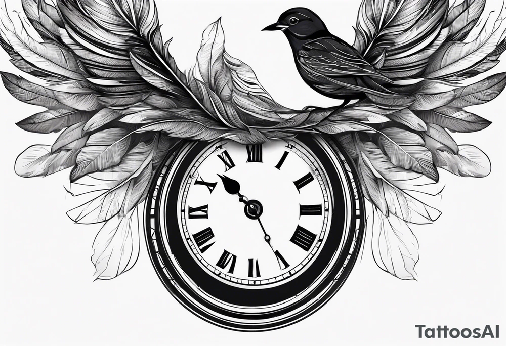 a bird clock but the bird's feathers are falling apart wich represents the fugacity of time tattoo idea