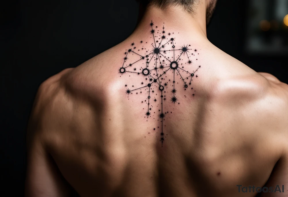 A star map-style Sagittarius star constellation tattoo in muted grays and whites, placed along the spine. tattoo idea