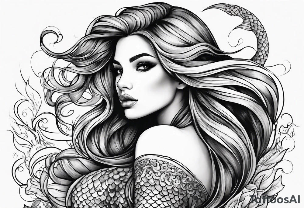 mystical sultery
 mermaid with long 
flowing tail and hair, tattoo sleeve tattoo idea