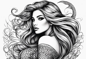 mystical sultery
 mermaid with long 
flowing tail and hair, tattoo sleeve tattoo idea