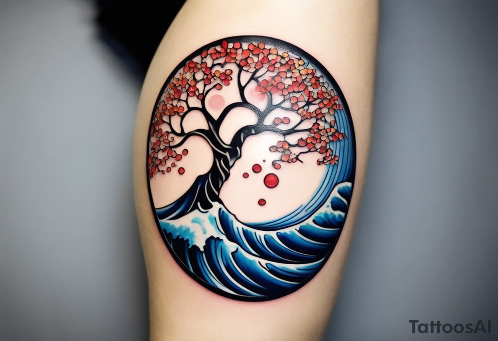 A tattoo of an abstract Tree of Life tattoo to be placed directly on the bicep of a woman. It can wrap around the arm a little. It should have roots growing out of the bottom. The roots slowly turn into water from the Great Wave by Hokusai. A golf flag should be placed discreetly growing out of the ground. 2 license plate tags should be hanging from the tree. Place a few music notes in the areas the leaves should be. The letters A U should be engraving into the tree trunk in a heart. Not inside a circle. The overall shape of the tattoo should be organic. Black and white only. tattoo idea