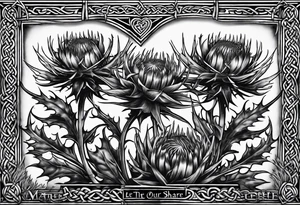 three thistles, Celtic knots, and the words always remember there is nothing worth sharing like the love that let us share our names tattoo idea