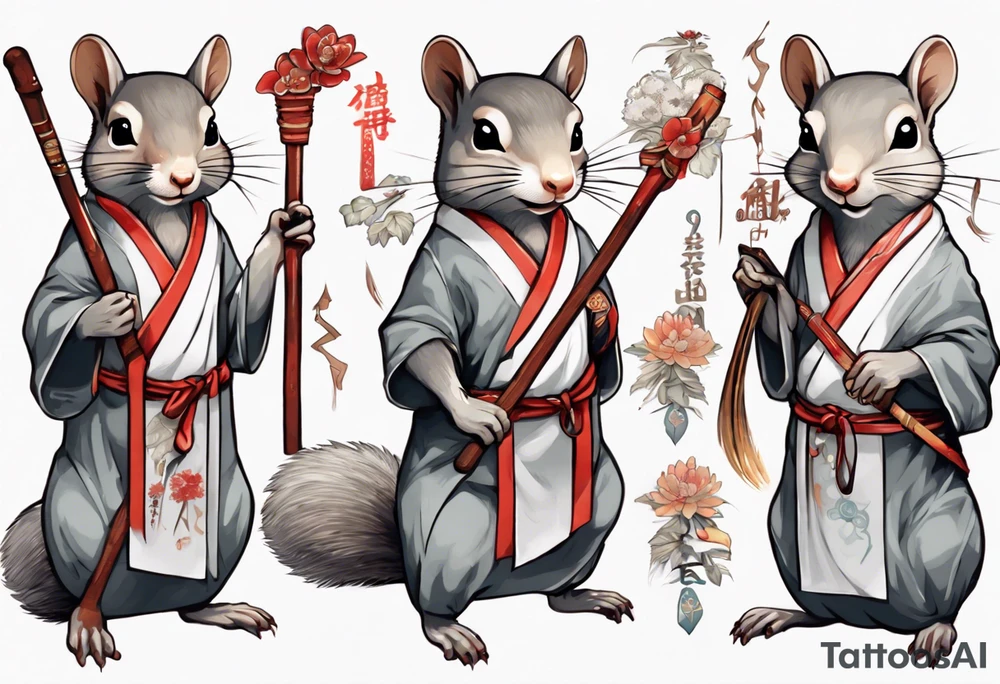 a grey squirrel dressed in a tunic holding a large white stick tattoo idea