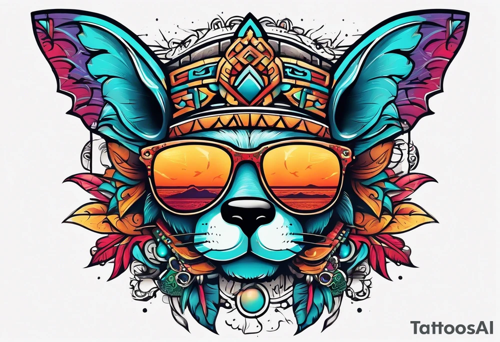 Colorful Mayan hieroglyph wearing sunglasses with bats and water tattoo idea