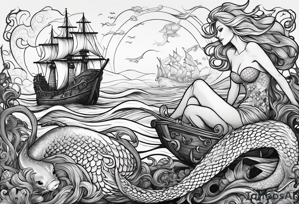 Beautiful blond mermaid with merman son riding a giant octopus with her dog in the ocean with a pirate ship in the distance tattoo idea