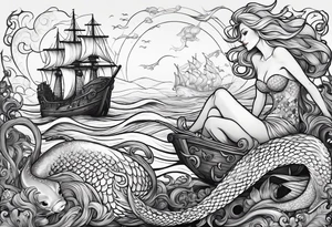 Beautiful blond mermaid with merman son riding a giant octopus with her dog in the ocean with a pirate ship in the distance tattoo idea