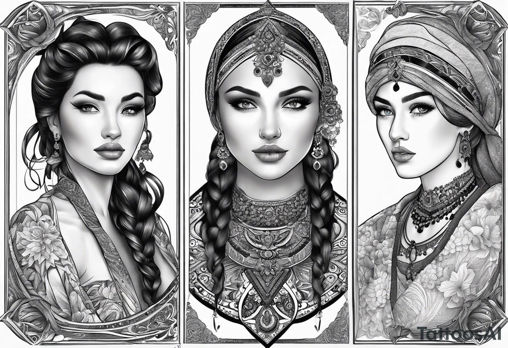 three person side by side. a really really young Daughter on the left, mother in the middle, really really old grandmother on the right. greater age difference, in an artfully decorated frame tattoo idea