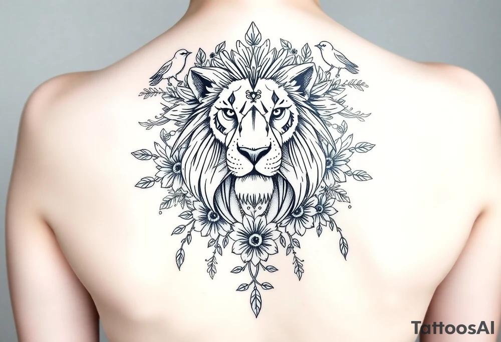powerful majestic lion with a crown, surrounded by floral ornaments and birds tattoo idea